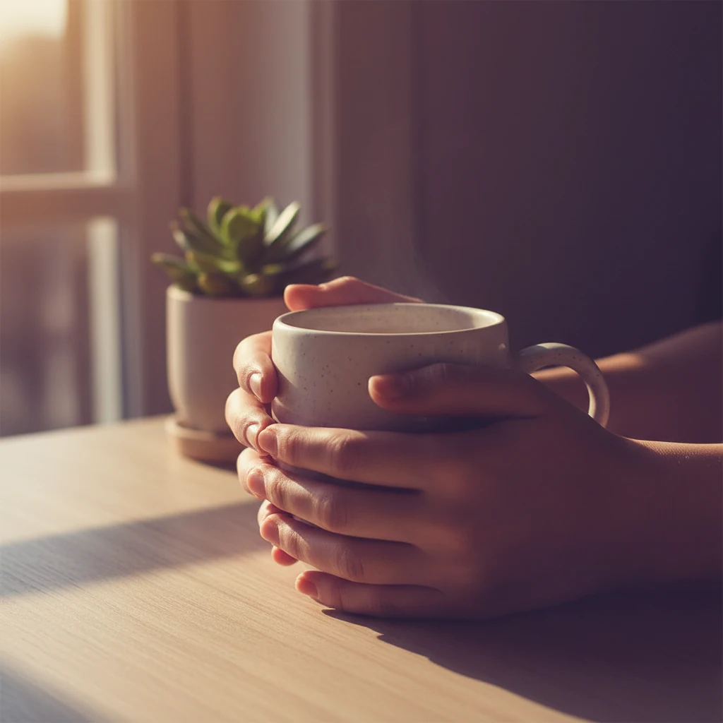 Hände umfassen eine warme Kaffeetasse am Morgen - ruhige Atmosphäre