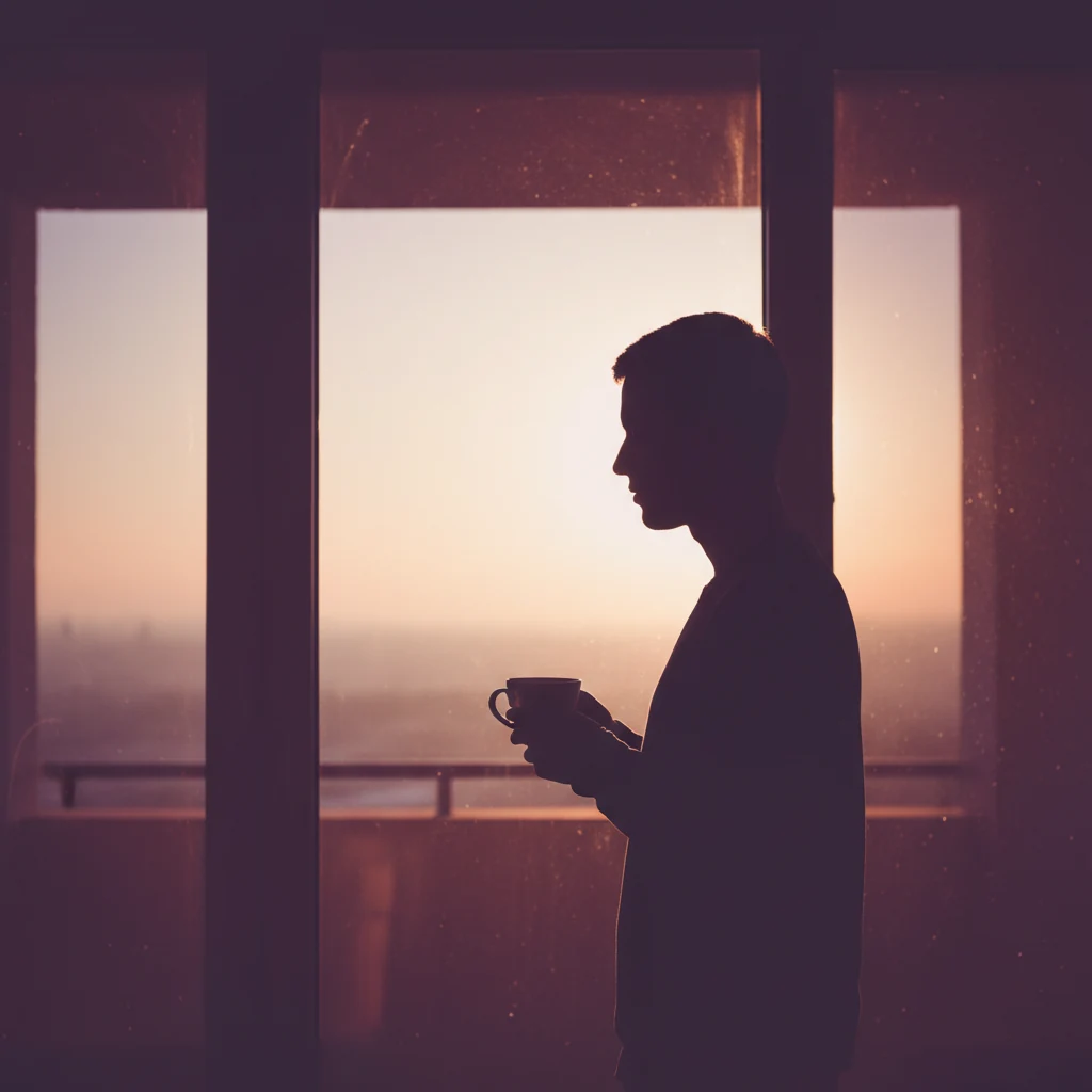 Silhouette einer Person am Fenster mit Kaffeetasse